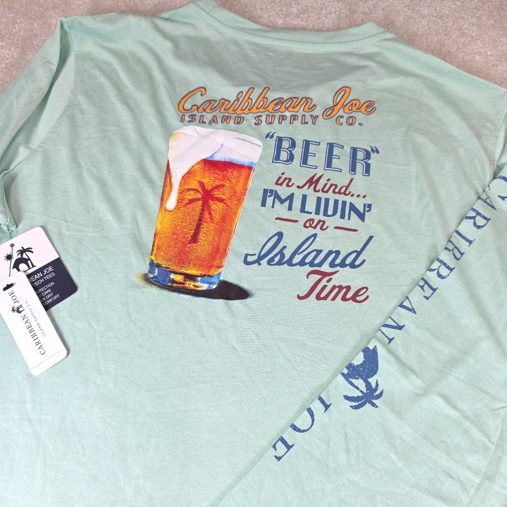 Caribbean Joe T-Shirt Mens L Green Long Sleeve Beer In Mind Island Time NWT